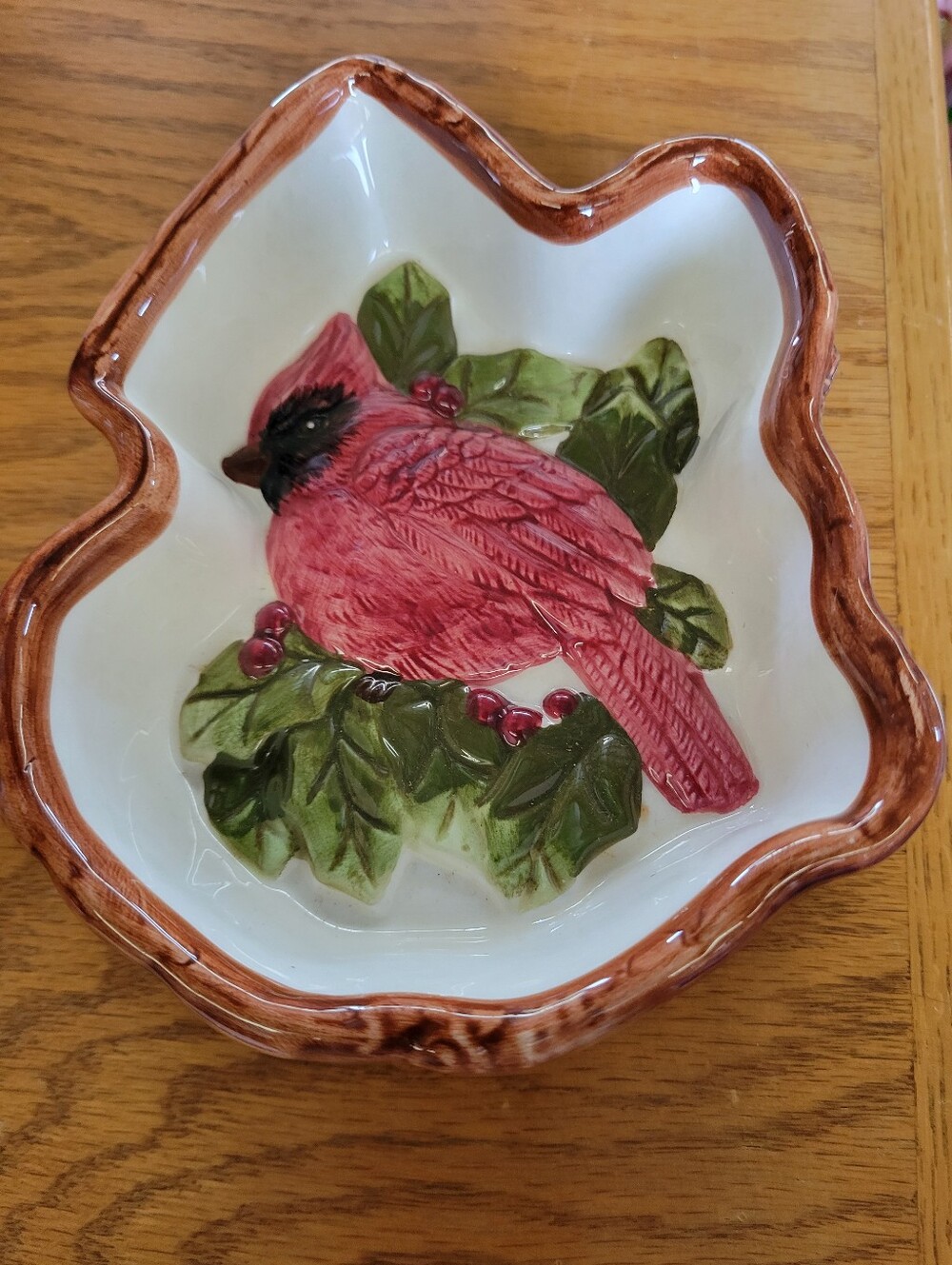 St. Nicholas Square Pink Cardinal Ceramic Dish with Green Leaves